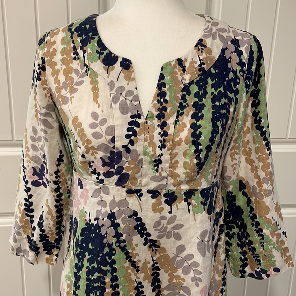 Boden Linen Leaf Floral V-Neck 3/4 Sleeve Dress